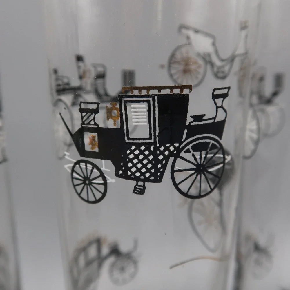 5 Vintage Libbey Black‎ Gold Carriage Drinking Glasses Highball Bar Tom Collins